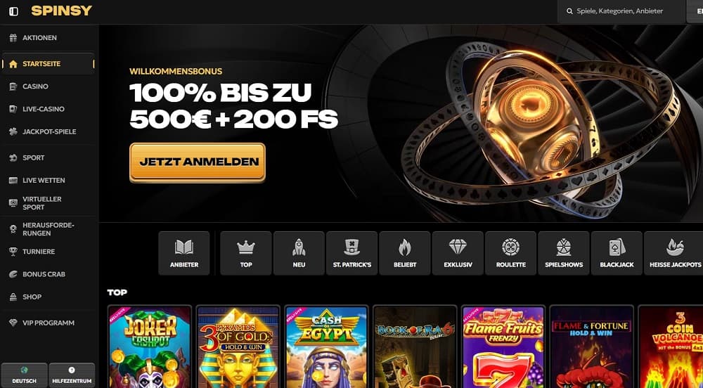 Spinsy Casino-Website, die eine breite Auswahl an beliebten Spielautomaten und Spielen zeigt. Zu den angezeigten Spielen gehören unter anderem Joker Cashpot, Cash of Gods, Lucky Dwarfs, und Gladiator Legends. Perfekt für Spieler, die ein Casino ohne Anmeldung suchen.