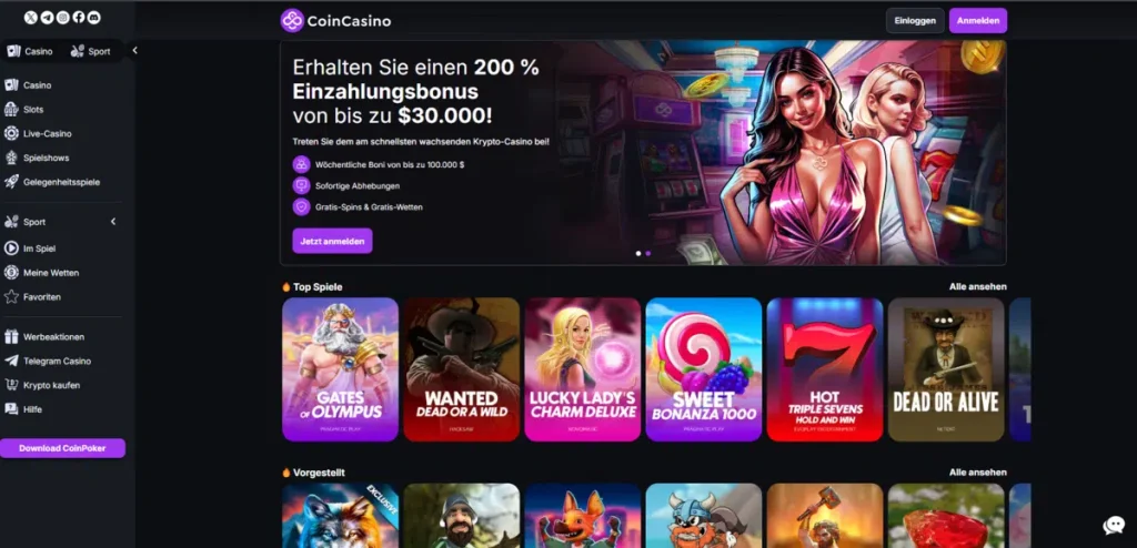 CoinCasino Webseite mit verschiedenen Online Casino Spielen. Die Seite zeigt Kategorien wie Slots, Live-Casino, Spielshows und Gelegenheits-Spiele. Vorgestellte Spiele wie Duel at Dawn, Extra Chilli und Gates of Olympus sind sichtbar, begleitet von Logos bekannter Spielanbieter wie Evolution und Pragmatic Play.