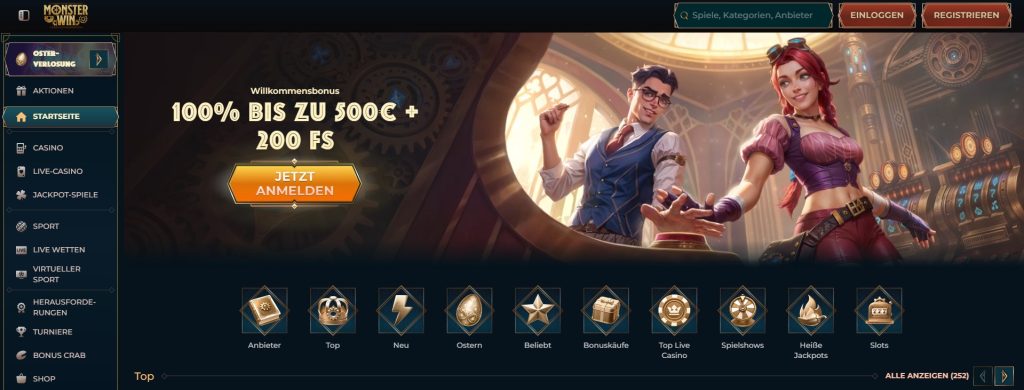 Casinos ohne OASIS mit einem großzügigen Willkommensbonus von 100% bis zu 500€ und 200 Freispielen. Zwei Figuren in Steampunk-Kleidung stehen im Vordergrund. Links befindet sich ein Menü mit verschiedenen Kategorien wie Casino, Live-Casino, Jackpot-Spiele, Sport und mehr. Ein auffälliger orangefarbener Button mit der Aufschrift „Jetzt Anmelden“ lädt zur Registrierung ein.